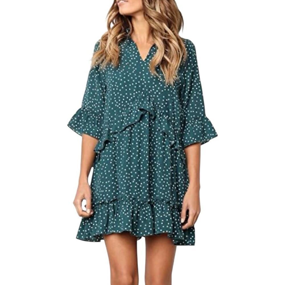 Green Polka Dot Ruffle Tiered Babydoll Mini Dress Bell Sleeve Cottagecore Large